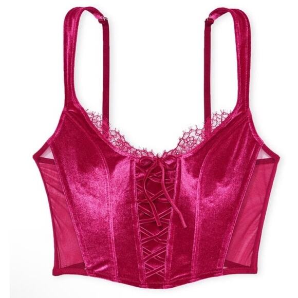 Victoria’s Secret Dream Angels Unlined Lace-Up Velvet Corset Top in Pink - L - Picture 1 of 6
